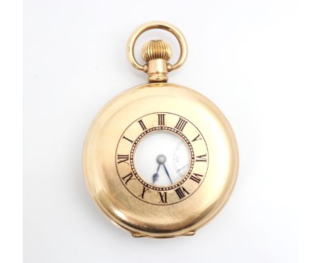 A yellow metal half hunter pocket watch, the circular white enamel dial with Roman Numerals and subsidiary dial to 6 o'clock,