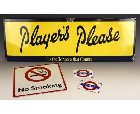 A reproduction enamel 'Player's Please' advertising sign for Navy Cut, single sided in blue and yellow, 91.5cm W x 31.5 H, al
