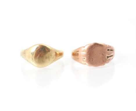 A 9ct rose gold signet ring, the shield shaped head, stamped 'AH' Chester 1917, ring size P, with a further 9ct yellow gold s