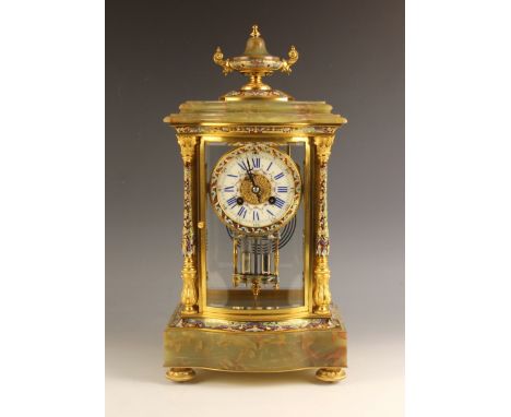 A French champleve and onyx four glass bracket clock, signed Vincent, late 19th century, the case surmounted with an urn abov