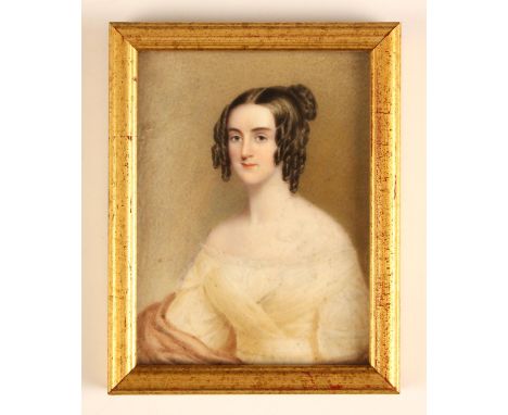 English school (early 19th century),A rectangular portrait miniature depicting a young lady wearing a white silk dress in the