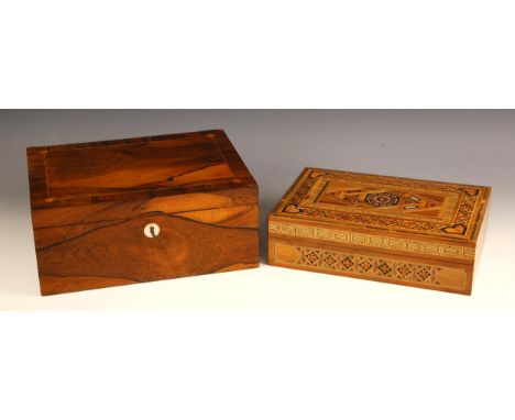 A mid 19th century rosewood jewellery box, the cross banded cover outlined with stringing and roundels, opening to a vacant i