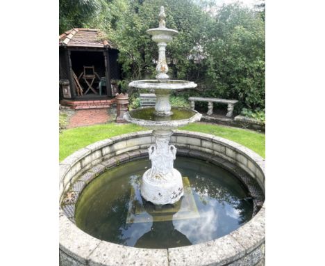 A cast metal three-tier garden water fountain, 220cm H x 85cm D (at fault)Condition reportSplit to the middle pedestal, pleas