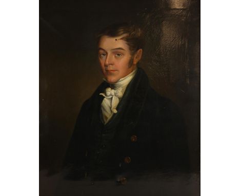 English school (19th century),A half length portrait of a young gentleman in frock coat with white cravat,Oil on canvas,Unsig