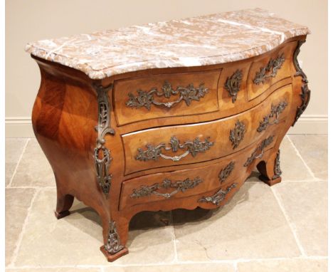 A French Louis XV style kingwood marble topped bombe commode chest, early to mid 20th century, the red and grey moulded serpe