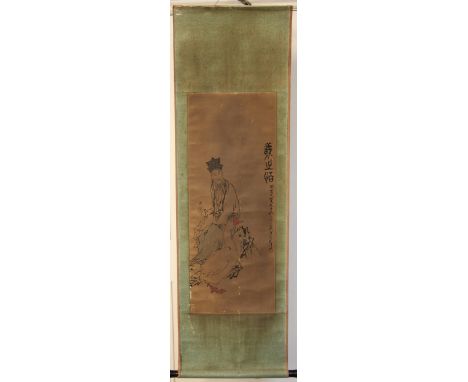Chinese School (20th century),A seated calligrapher beside a goose,Watercolour on paper,Signed,80.5cm x 31cm,Mounted on a scr