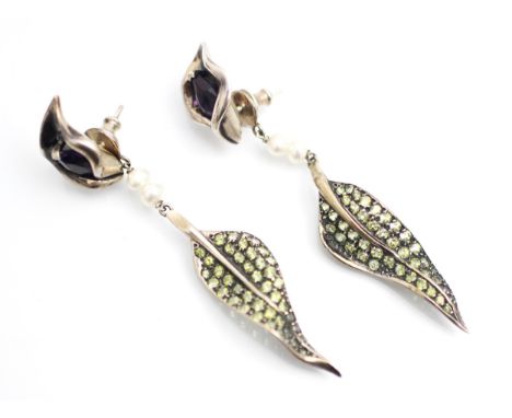 A pair of Shaun Leane silver amethyst 'day and night' earrings, from 'Lilly Collection' the stylised orchid designed leaf set