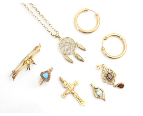 A selection of yellow metal jewellery, including a pair of 9ct yellow gold hollow hoop earrings, a 9ct trace link chain with 