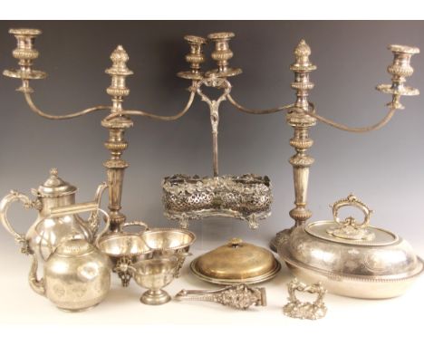 A selection of silver plate and silver items, including a large pair of candelabra, the three urn shaped sconces above confor