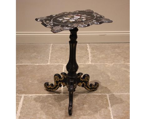 A Victorian black lacquer papier mache wine/lamp table, the shaped table top inlaid with mother of pearl and abalone, depicti