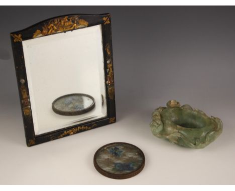 A chinoiserie lacquered mirror, early 20th century, of rectangular form enclosing a bevelled mirror plate, with easel back, 2