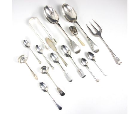 A selection of silver flatware, to include; a silver fiddle pattern table spoon, John Round & Son Sheffield 1905, an Old Engl