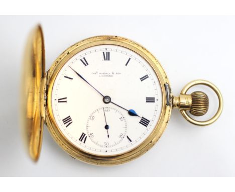 An 18ct yellow gold 'Thos Russell and Son' full hunter pocket watch, the circular white enamel dial with Roman numerals and s