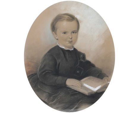 British School (19th Century)Portrait of a young boy, half-length seated, reading a book Mixed media, 70cm by 54cm