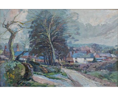 Peter Lockwood (1926-1996)Country lane with village beyondSigned, oil on board, together with a further oil on board by E. Ha