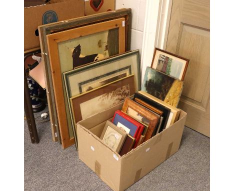 A large collection of paintings, prints and framed textiles, to include two coloured engravings after J. Moore, a heady study