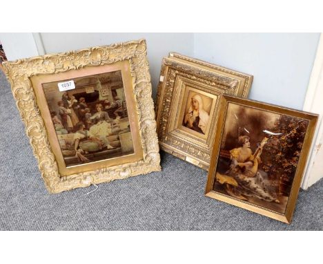 Three 19th Century Chrystoleums, one depicting a lady playing a mandolin, another of a street scene and one of a religious na