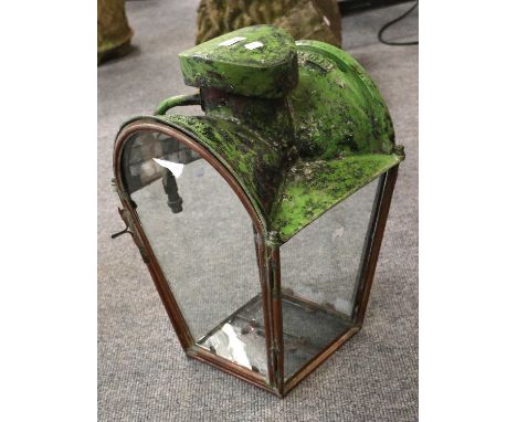 A Kemptolyte British Patent Gas Lantern, green painted frame, arched glass door panels, 52cm highBurner is not still in place
