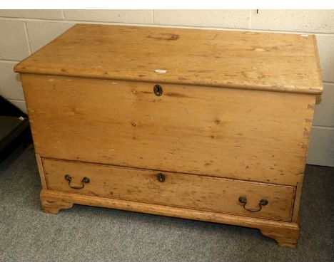 A Pine Mule Chest, hinged lid, candlebox to interior, single drawer below, bracket supports, 110cm by 59cm by 69cm