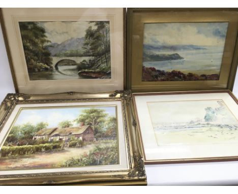 A gilt framed oil on board of English country cottage by Douglas Carpenter, a mixed media seascape plus two watercolours (4) 