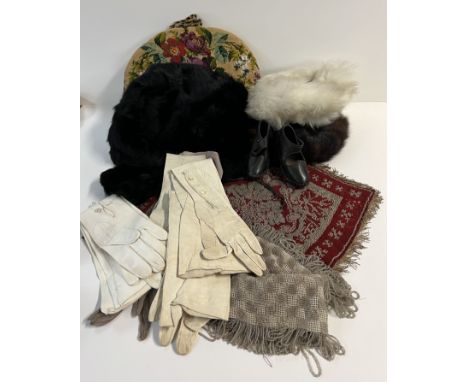 A small collection of vintage beaded items, Tapestry tea cosy, calf skin ladies gloves, pair Victorian of childâ€™s/dolls clo