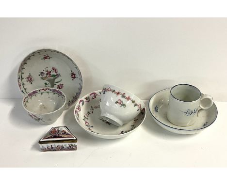 3 early English hand painted porcelain tea cups and saucers together with a small 19thC porcelain trinket box with hand paint