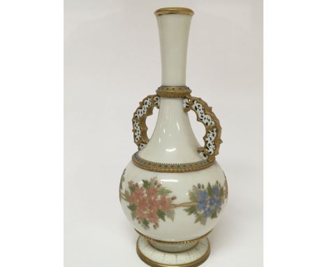 A Quality Graingers &amp; Co Worcester porcelain vase with raised reticulated side supports with applied gilt Hight 31cm
