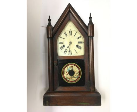 A Seth Thomas Connecticut wooden clock with painted glass door front in the style of Louis Wain, approx height 53cm. Comes su