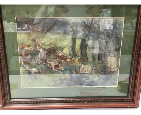 A framed pastel sketch of hunting dogs signed Buscuit. The measurements are 56cm x 46cm.