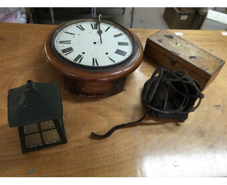 A Victorian round wall clock case with hands but no movement or glass. Also, a Collection Of old keys and locks, a porch lamp