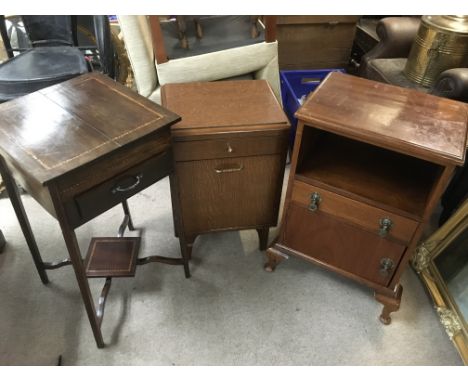 An inlaid occasional table fitted with a drawer plus two bedside cabinets. (not matching) (3).