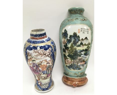 Two vases - one is a half vase decorated with a Chinese landscape scene of a river and mountains and the other is a vase deco