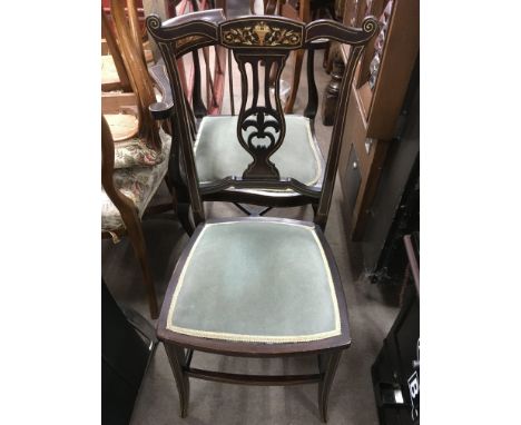 An inlaid corner chair, a pair of inlaid chairs, side table and a small mahogany framed wall mirror (5).