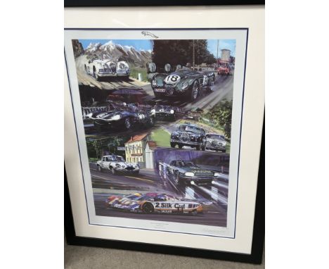 Two framed limited edition signed racing prints Goodwood 1956 Jaguar the Competition years one other framed print and framed 