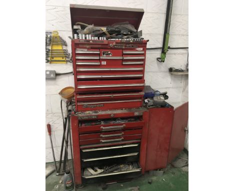 A collection of tools in a Snap-on cabinet with some snap on tools a flight of drawers Mac tools and four sets of spannerâ€™s