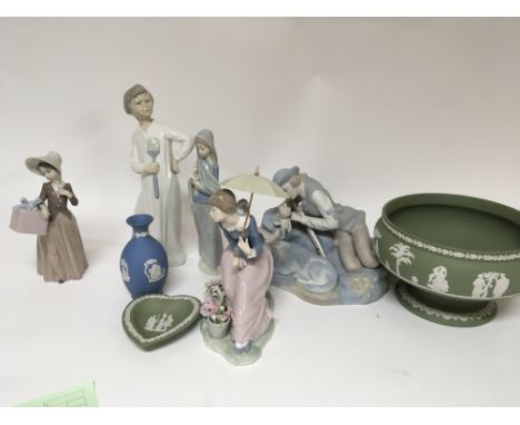 A collection of Lladro and Nao figures Wedgwood Jasper ware and a bisque figure group no obvious damage or restoration (a lot