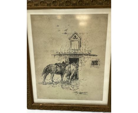 A framed ink drawing of two horses entering a stable, unsigned. Measuring 33cm x 39cm.