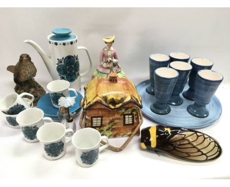 A collection of ceramics including a J&amp;G Meakin coffee service in Impact pattern, St Agnes pottery goblets and tray, Cott