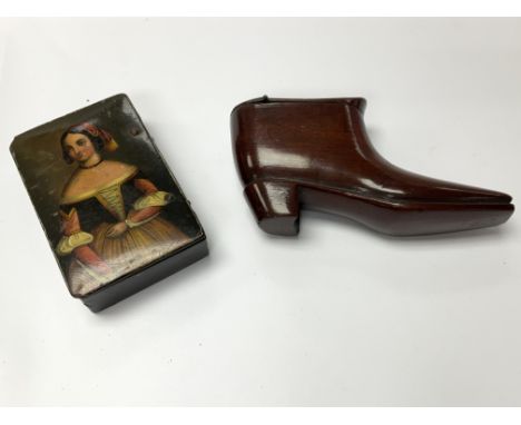 A snuff mull in the form of a shoe and a painted snuff box.