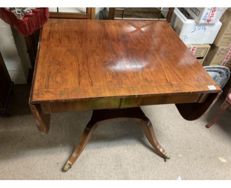 A reproduction 2 draw rosewood veneered sofa table with drop ends and brass inlay on splayed legs. 77cm x 168cm