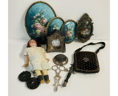 Small items including Vintage Punch baby rattle, small porcelain headed German doll, Victorian cut steel decorated compact, H