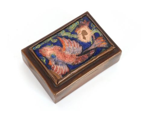 A Newlyn School design copper trinket box, having enamel panel of a fish  AF