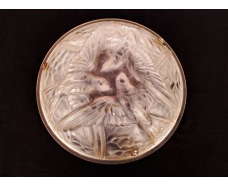 A Noverdy frosted glass pendant ceiling light, with bird decoration, 35cm dia. stamped and signed to rim