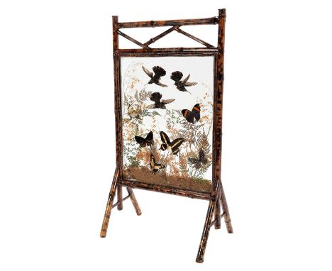 Natural History: A Late Victorian Tropical Butterfly &amp; Humming Bird Firescreen, circa 1880-1900, a period bamboo framed g