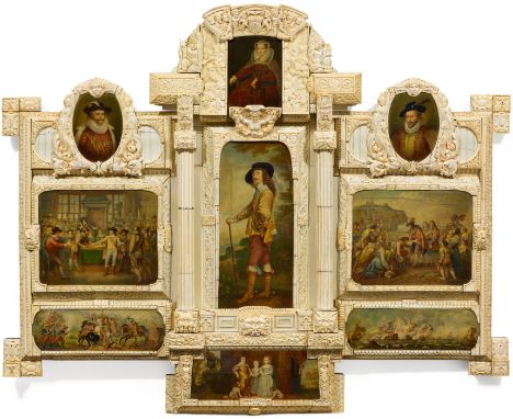 GROSSE HISTORISCHE BILDTAFEL ZUR GESCHICHTE ENGLANDSHistorismus, Dieppe, um 1860/80.Architektonisch gegliederter Holzrahmen b