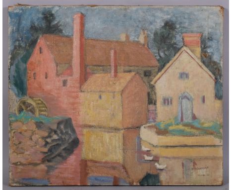 M M Coverdale, mid-20th century village scene, oil on canvas, signed, 51cm x 61cm, unframed2 small holes just above the water