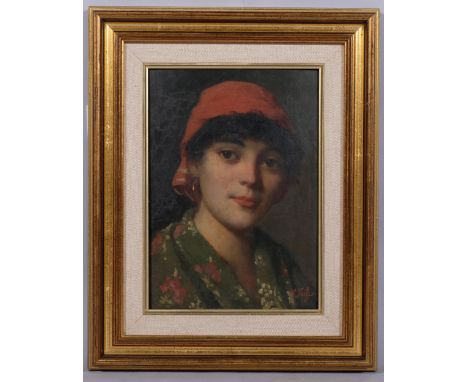 Vigo Jespersen (born 1893), portrait of a girl, oil on board, signed, 25cm x 18cm, framedGood original condition, modern fram
