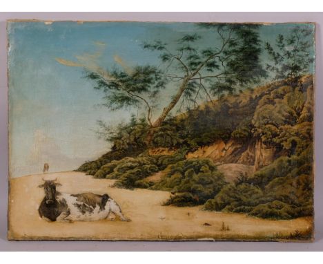 20th century Mexican Realist School, recumbent cattle with humming birds, oil on canvas, circa 1930s, unsigned, 46cm x 64cm, 