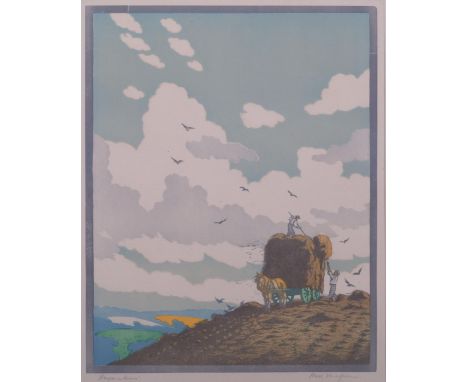 John Hall Thorpe (1874 - 1947), Haymakers, colour woodblock print, signed in pencil, image 33cm x 26cm, framedImage is in ver