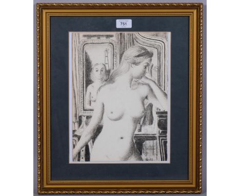 Paul Delvaux, Reflection, original lithograph frontist? piece, 1975, Cat? Jacob no. 92, 32cm x 23cm, framedGood condition 